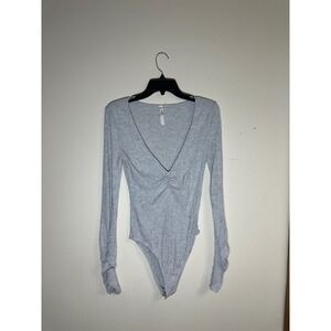 Free People Light Gray Ribbed Long Sleeve V-Neck Bodysuit